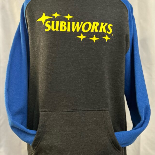 grey and blue hoodie w yellow logo